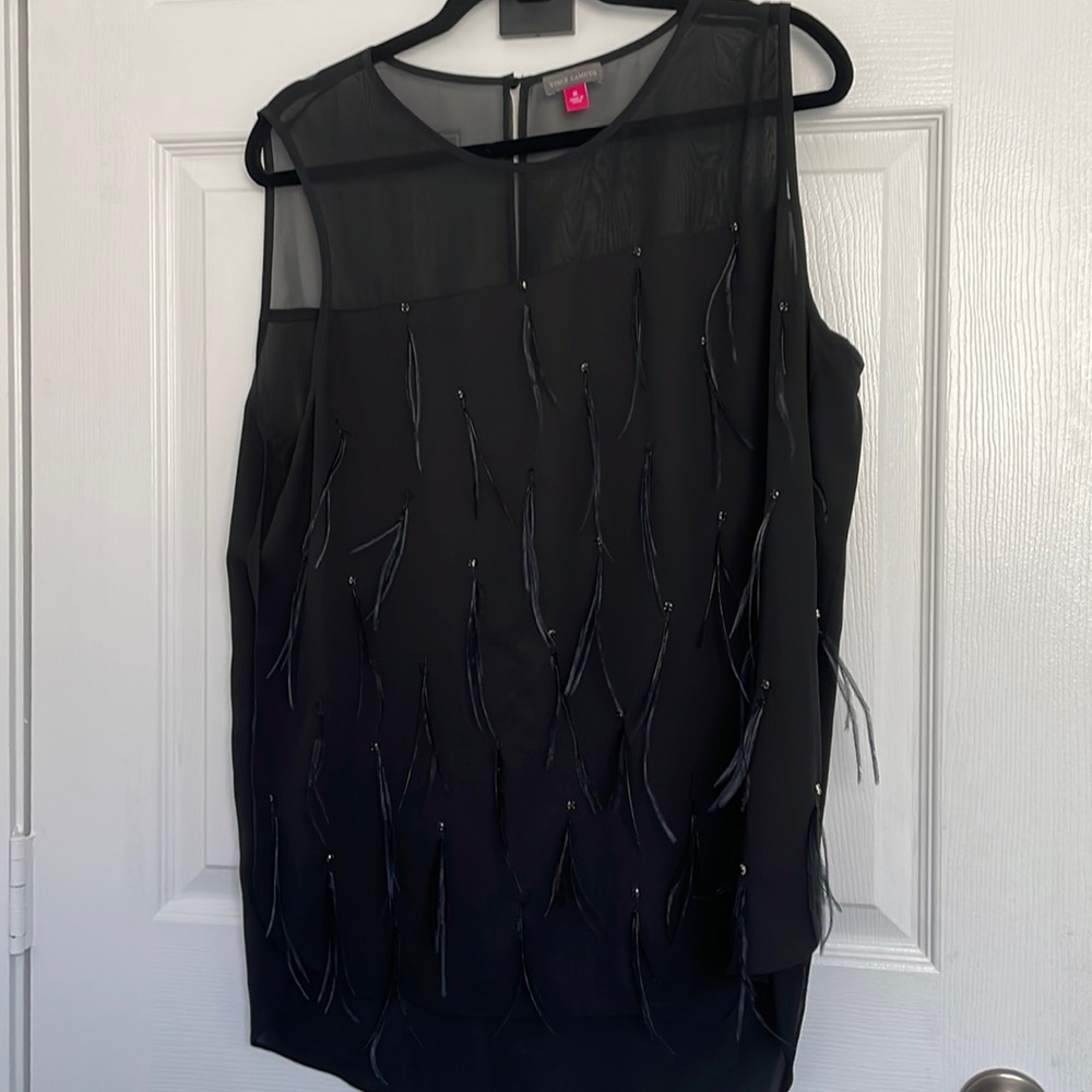 Vince Camuto feather dressy black top with illusion yolk and feather details